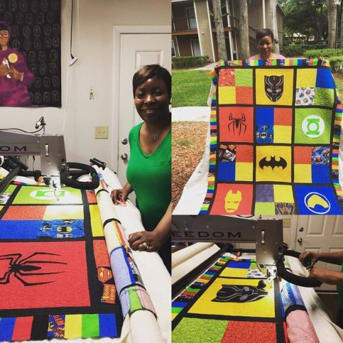 Lisa Moore, new member of StoryQuilters of Hannibal Square, quilted her superhero quilt ( FIRST ONE)