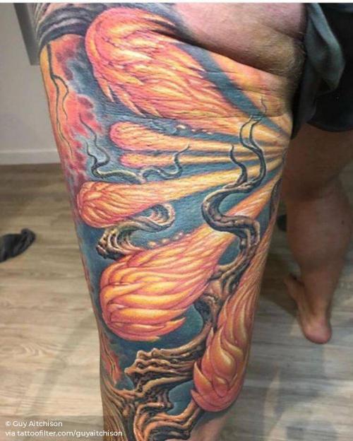 By Guy Aitchison, done in Creal Springs. http://ttoo.co/p/36124 big;biomechanical;facebook;fire;guyaitchison;leg sleeve;nature;twitter
