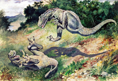 Laelaps saltando (atualmente, Dryptosaurus aquilunguis).Leaping Laelaps (now known as Dryptosaurus a