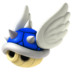 randomitemdrop:  Item: Blue Shell If a group of characters are running as a group–for example if the ones in back are chasing the ones in front–anyone can throw a Blue Shell and it will fly and hit whoever is at the front of the group, inflicting