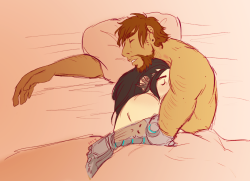 scarmonasart:  here’s my mchanzo headcanon: jesse snores loudly and it’s one of hanzo’s favorite lullabies :&gt; (…sometimes you gotta take a break from drawing smut lmao)