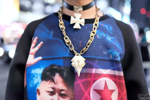 tokyo-fashion:  Yana on the street in Harajuku wearing a DAMAGE neoprene top, Buccal Cone kanji print pants, YRU platforms, and OS Accessories bone necklaces. Full Look