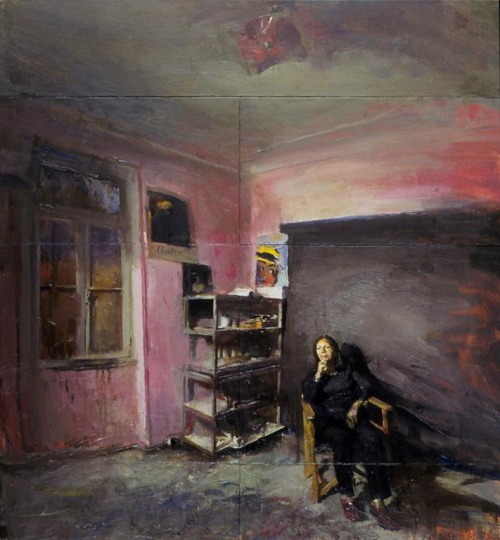 huariqueje:Olga Karteri in the pink room  -    Yorgos Rorris, 1999.Greek, b. 1963-Oil on camvas,112 