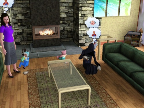simsgonewrong:An alien died at my house and after taking him away Death just sat and played with a t