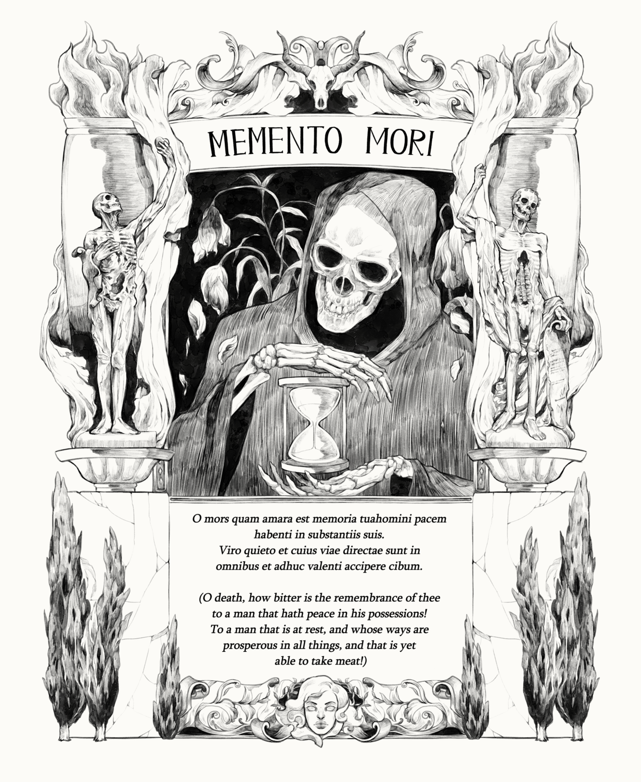 Memento Mori, Renaissance emblem style, done for the Visual Language of the Renaissance course I took this semester.
Subscriptio: taken from the cover of the Braque Triptych.
Left decorative statue is a rendition of the Cadaver Tomb of René of...