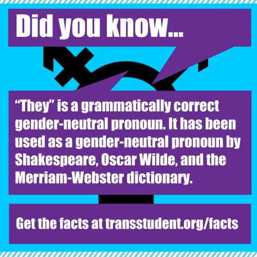 sclez:  transstudent:  Singular “they" is a correct gender-neutral pronoun! Don’t let anyone tell you otherwise. Learn more. Click here to retweet. Click here to share on Facebook.  This post is my romantic partner. 