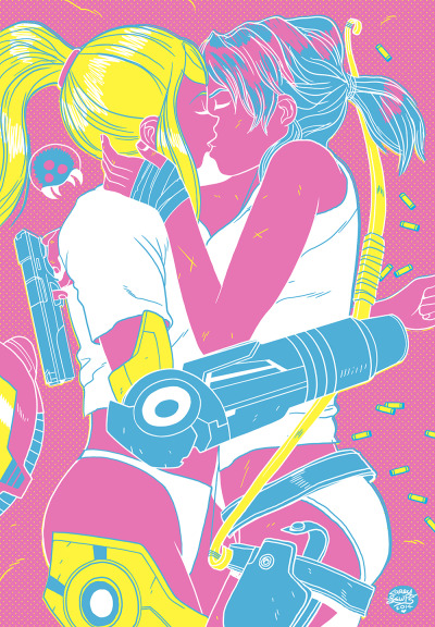 sunbakerey:
“samus x lara
after Tanya Chalkin’s “Kiss” ”