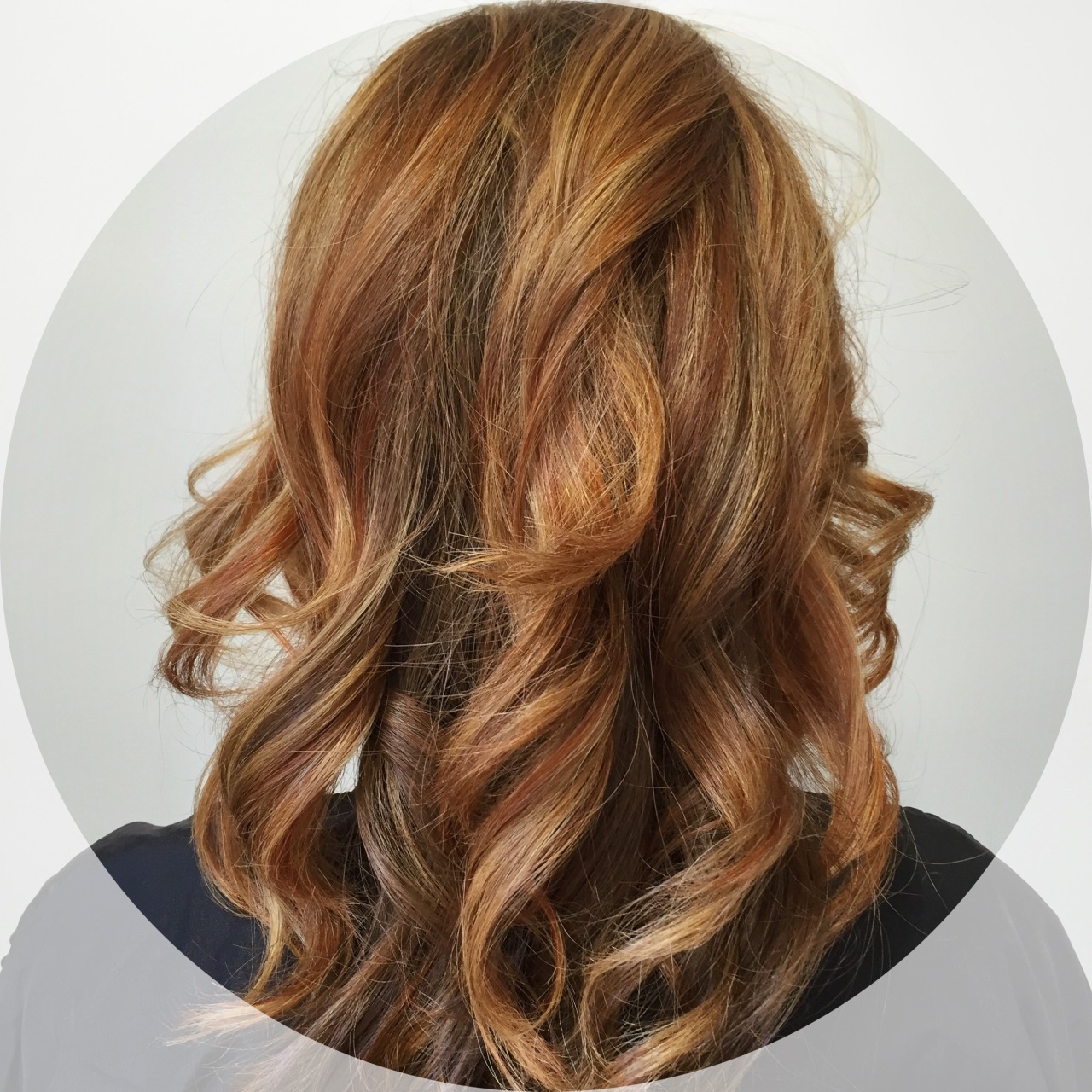 Hair by Rachel Dillon — Golden blonde highlights and copper red lowlights.