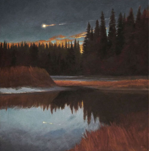 Meteoric  Arrival  -  Greg Mort, 2017.American, b.1952 -Oil on board , 23 × 24 in.  58.4 × 61 cm.  