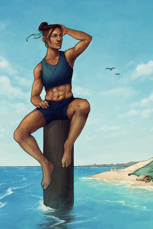 [ID: a digital painting of beau from critical role. she’s sitting on a pole in the ocean by the beac