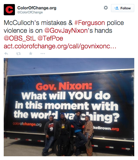 revolutionarykoolaid:  (More) Fuckery from Police in Ferguson: This was a driven billboard purchased by The Color of Change, leading the Million Mask March last night. Police have given no clear reason for the arrest. There’s seriously no limit to