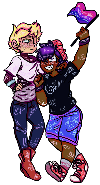 im finally done dear godLucas’ bracelet is the demiboy flag, shirt is demisexual. Ness’ flag is bi