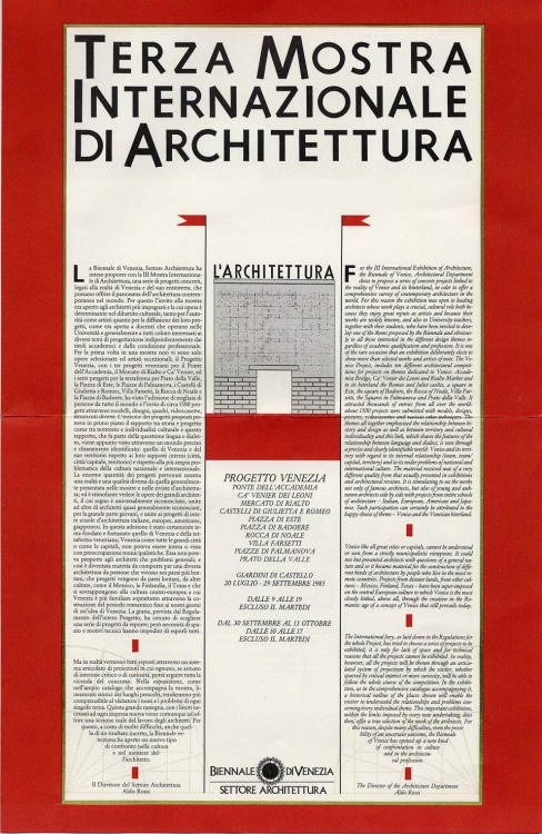Program for the 1985 Venice Architecture Biennale, authored by Aldo Rossi. Image ASAC. Via domusweb
