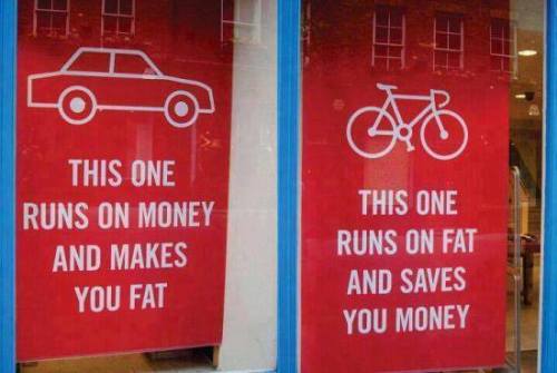 a-little-bit-absurd:  Yep. Only fat, lazy people drive cars. Only skinny, fit people ride bikes.  Seriously fuck right off.  Not to mention the fact that not all people are able to ride bikes, so fuck off again.