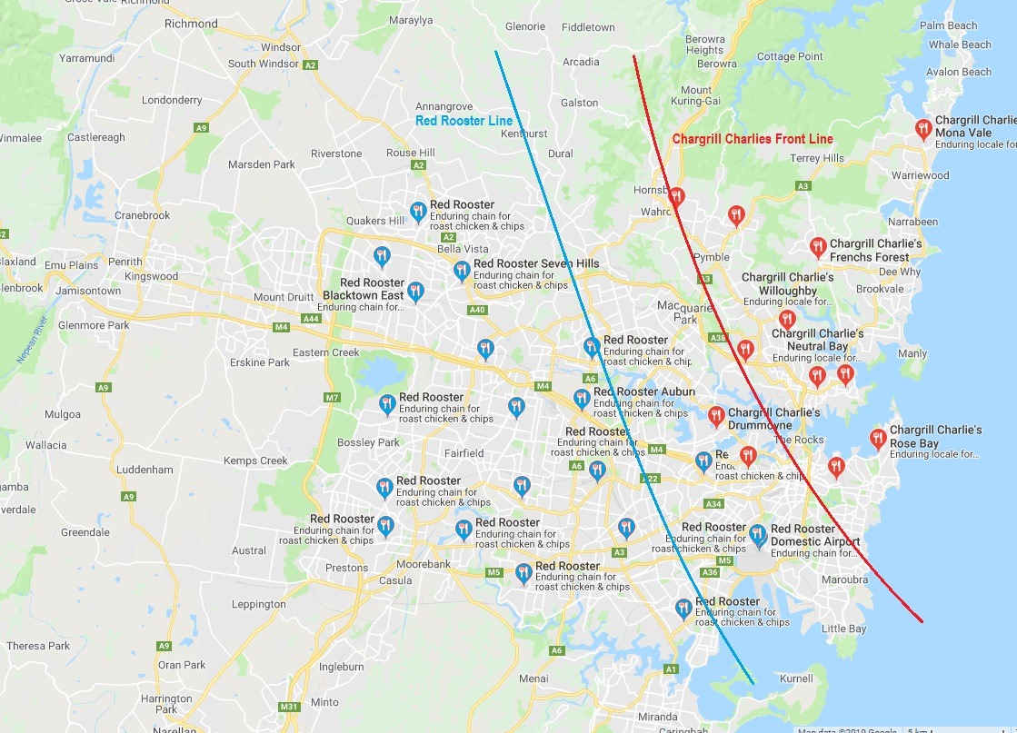 mapsontheweb:  Mapping out Sydney’s chicken franchises shows the 2 big players