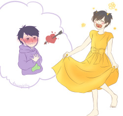 drawingbritty:   Daily Suuji Sketch #26  Yesterday I saw a yellow dress in a shop window and thought Jyushimatsu might even try it on, so I drew it. xD  