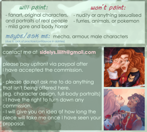 COMMISSIONS ARE OPEN!!If you are interested, please email me with character references and any ideas
