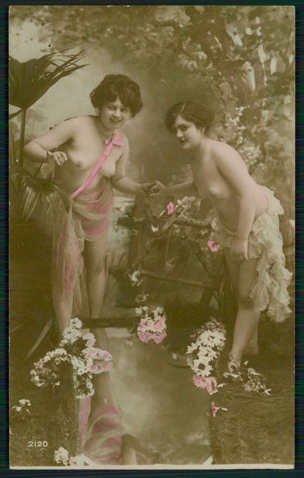 grandma-did:  Lightly hand-tinted photo of wood nymphs in the studio enjoying a fake