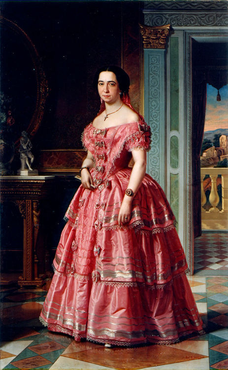 Portrait of a lady in pink and white by Ángel María Cortellini Hernández,1855