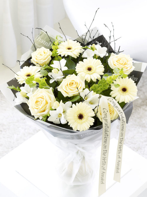 Personalised rose, germini and freesia hand-tied