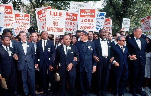 56 years ago today - View of some of the leaders of March on Washington for Jobs & Freedom as they march with signs, Washington DC, August 28, 1963. Among those pictured are, front row from left, John Lewis, Matthew Ahman, Floyd B. McKissick, Dr....