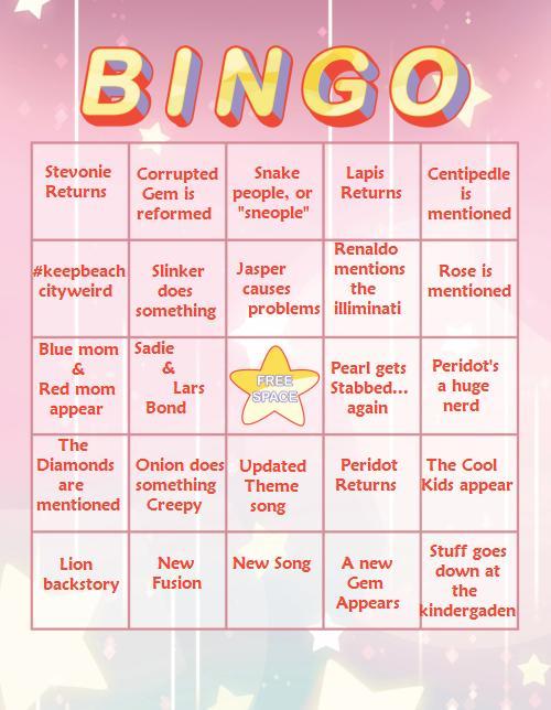 flara98:  Aw, yes, my Steven bomb bingo card. We’ll update it as the week goes! Please Tag your spoilers this week folks.Here’s a link to the original template: http://satousweet.tumblr.com/post/121395830892/bingo-card-for-stevenbomb-2-what-with-everyones