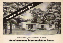 atomic-flash:  Protections from atomic blasts at minimum cost… - Image detail from a Portland Cement Association advert, Better Homes &amp; Gardens magazine, June 1955.   They need to bring back these ads.  All they need to do is replace “atom bomb”