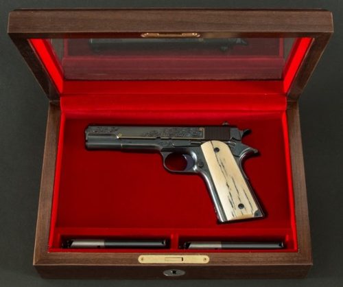 gunrunnerhell:  Turnbull 1911 A special edition 1911 made by Turnbull Manufacturing. Custom engraving with minimal gold inlay with giraffe bone grips. Serial number 1911001 makes this the first 1911 from Turnbull Mfg. Although very simple looking compared