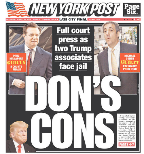 Front page, The New York Post, Wednesday 22 August 2018.(via The Newseum)