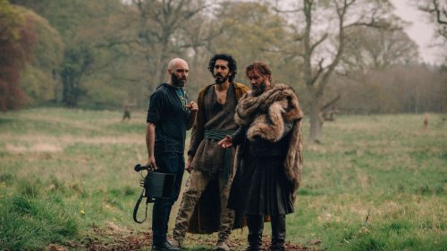 Director David Lowery, Dev Patel and Joel Edgerton on location during the making of The Green Knight