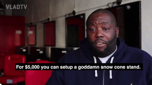 bellygangstaboo:   You Can Transition Out of the Streets for ŭ,000    Killer Mike gave listeners a bit of real world advice on how they could invest their money into businesses instead of “cloudy jewelry” or bottle service at the club. He explained