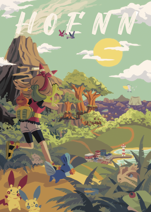 welcome to hoenn!! for the travel poster zine, which still has PDF copies for sale!