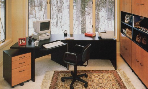 This office with an L-shaped desk has plenty of worksurface area. The Persian rug gives the room col