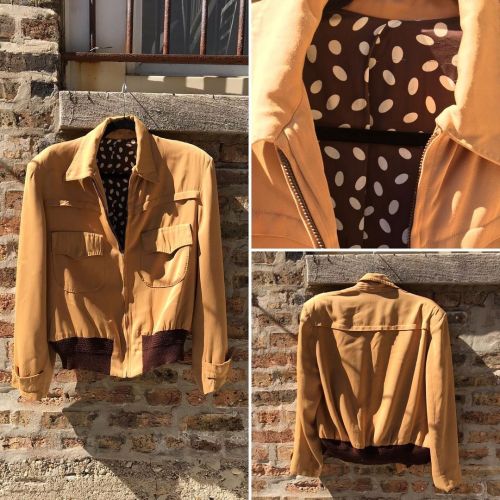 Get your rockabilly on! Rayon Ricky jacket. Mustard yellow with brown knit bottom. Wear on the sleev