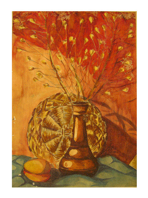 Training still-life painting with apricot, basket and jug. Year of 1999.Школьный постановочный натюр