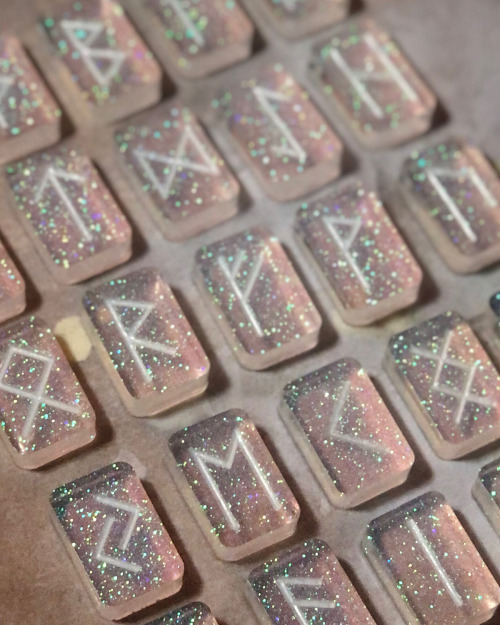 Night-glowing Ice Runes. Handmade and hand-painted, set of 24 shimmering Elder Futhark for divinatio