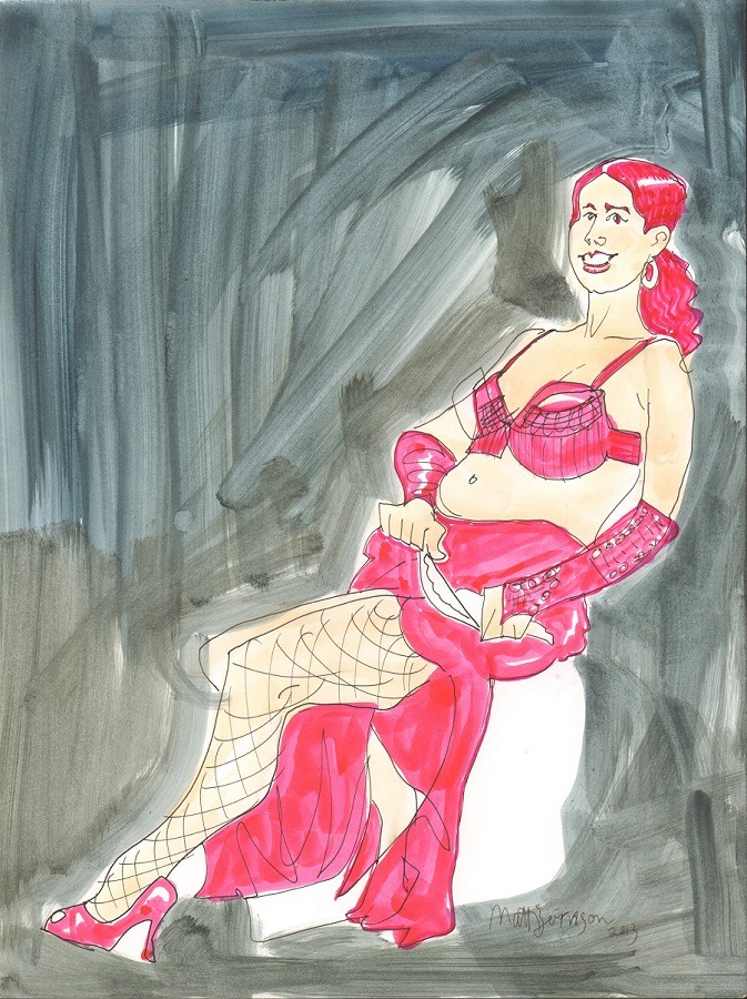 Drawings of Lilly Bordeaux done at Dr. Sketchy&rsquo;s Boston. Ink and watercolor