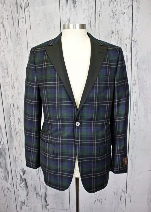 Guaranteed to turn some heads, Robert Talbott’s black watch tartan formal jacket. Grosgrain satin la