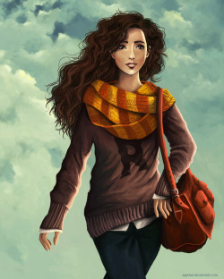 agartaart:  Hermione in Ron’s sweater that’s why it’s a little too big for her :) 