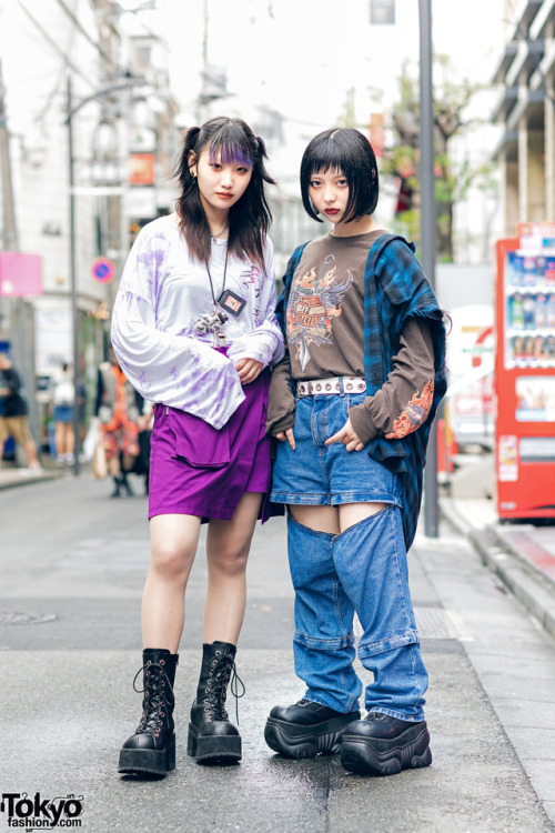Japanese teens Kaeru and Hina on the street in Harajuku during rainy season wearing fashion by MYOB 
