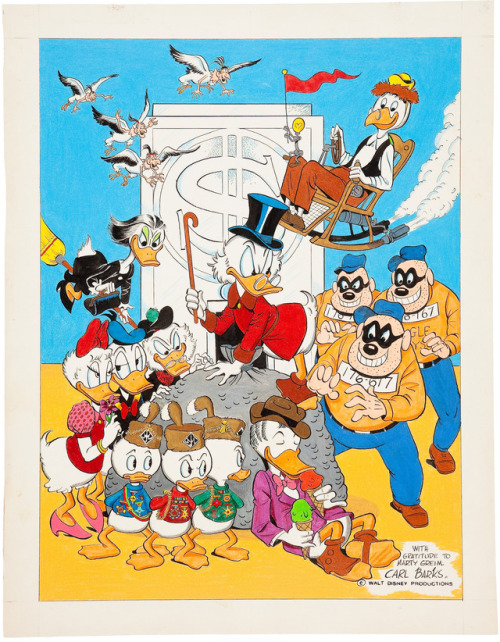 Carl Barks illustration of his creations: Uncle Scrooge, Gyro Gearloose, Gladstone Gander, Flinthear