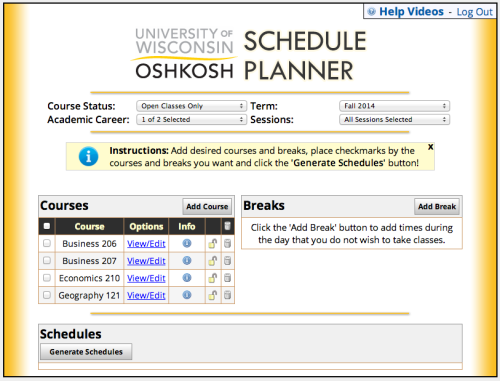I’m loving UW Oshkosh’s new Schedule Planner! All you do is enter the classes you want to take and it gives you a ton of different options of how your schedule will look next year.
-Mackenzie