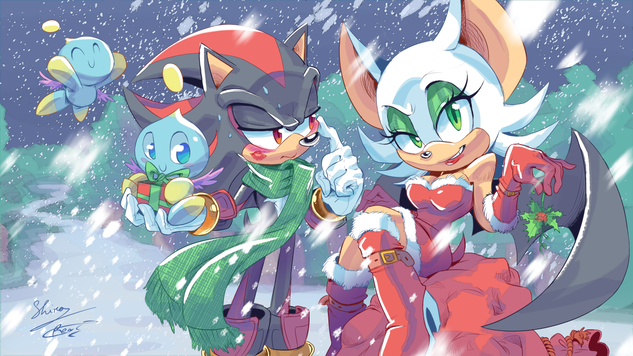 grimphantom2:  ziggyfin:  Shadow and Rouge Christmas wallpaper! The awesome lineart