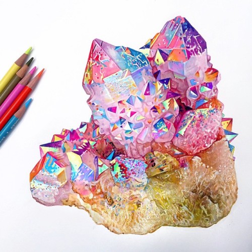 morgandavidsonart:  A quarts crystal sketch in between commissions! I love how beautiful and colorful nature can be, it’s almost unreal. 💎💖 #mixedmedia #coloredpencil
