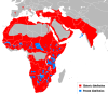 Geographical distribution of lions.
Red (and blue) shows areas historically inhabited, blue shows areas currently inhabited.