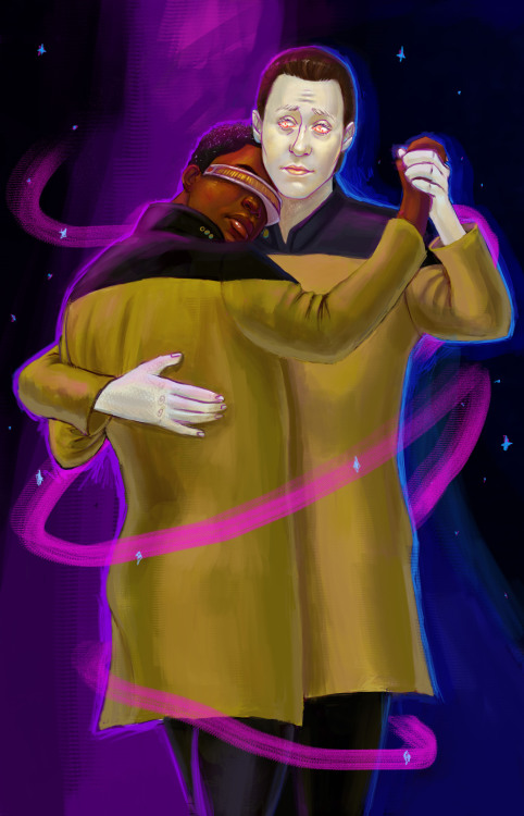 liquidxsin:Beam me up. Data and Geordi dancing in front of a glowy purple, dark blue and night sky b