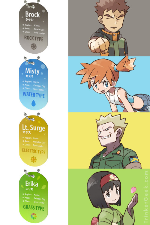 trinketgeek:  Pokemon Gym Leader dog tags Dog tags for the gym leaders!  I’m adding dog tag ne