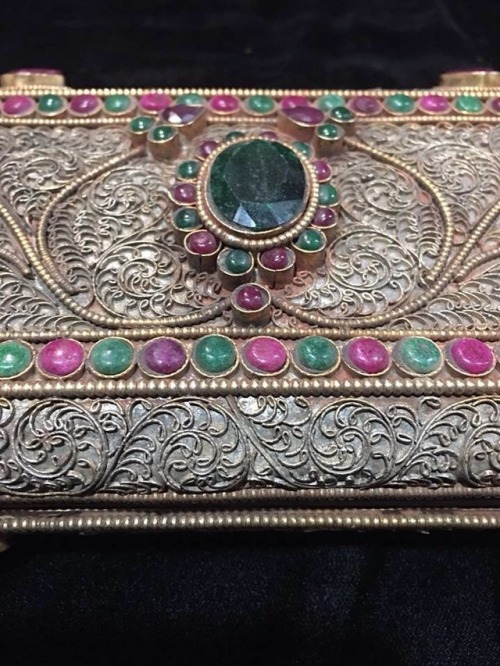 Tibetan Buddhist Jeweled Prayer Mantra Book with Emerald and Ruby Gem Inlay For more details, or to 