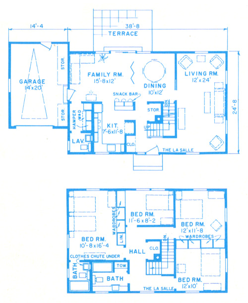 vintagehomeplans:United States, 1960: The LaSalleA large two-story house with four bedrooms and two-