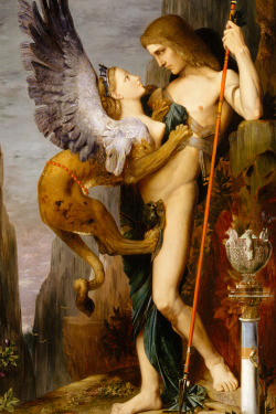  MOREAU, Gustave Oedipus and the Sphinx 1864. Moreau’s interpretation of the Greek myth draws heavily on Ingres’ Oedipus and the Sphinx of 1808 (Musée du Louvre, Paris), which was exhibited in Paris in 1846 and 1855. Both painters chose to represent
